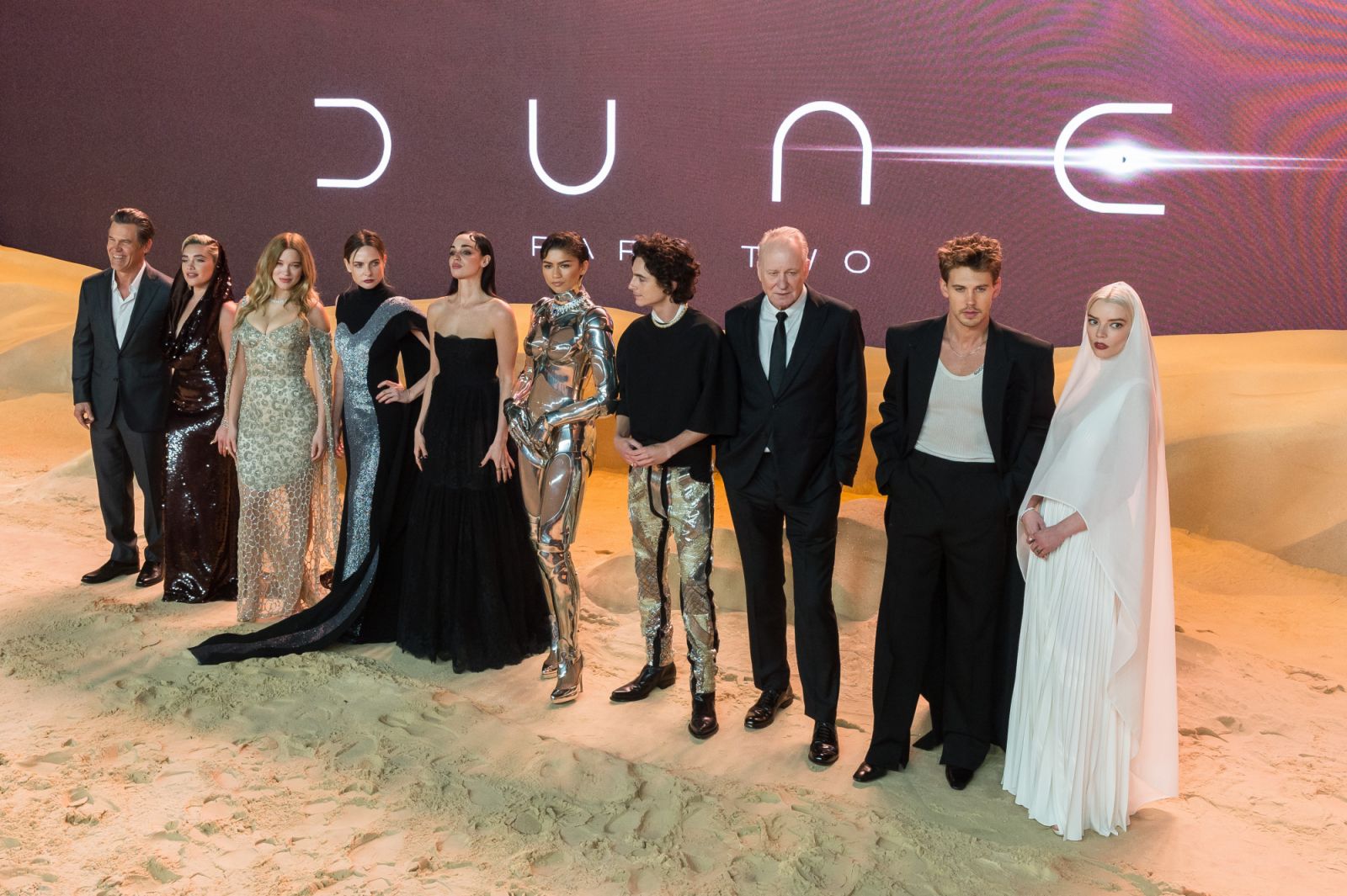 LONDON, UNITED KINGDOM - FEBRUARY 15, 2024: Cast members (L-R) Josh Brolin, Florence Pugh, Lea Seydoux, Rebecca Ferguson, Souheila Yacoub, Zendaya, Timothee Chalamet, Stellan Skarsgard, Austin Butler and Anya Taylor-Joy attend the world premiere of 'Dune: Part Two' presented by Warner Bros. Pictures & Legendary in Leicester Square in London, United Kingdom on February 15, 2024. (Photo credit should read Wiktor Szymanowicz/Future Publishing via Getty Images)
