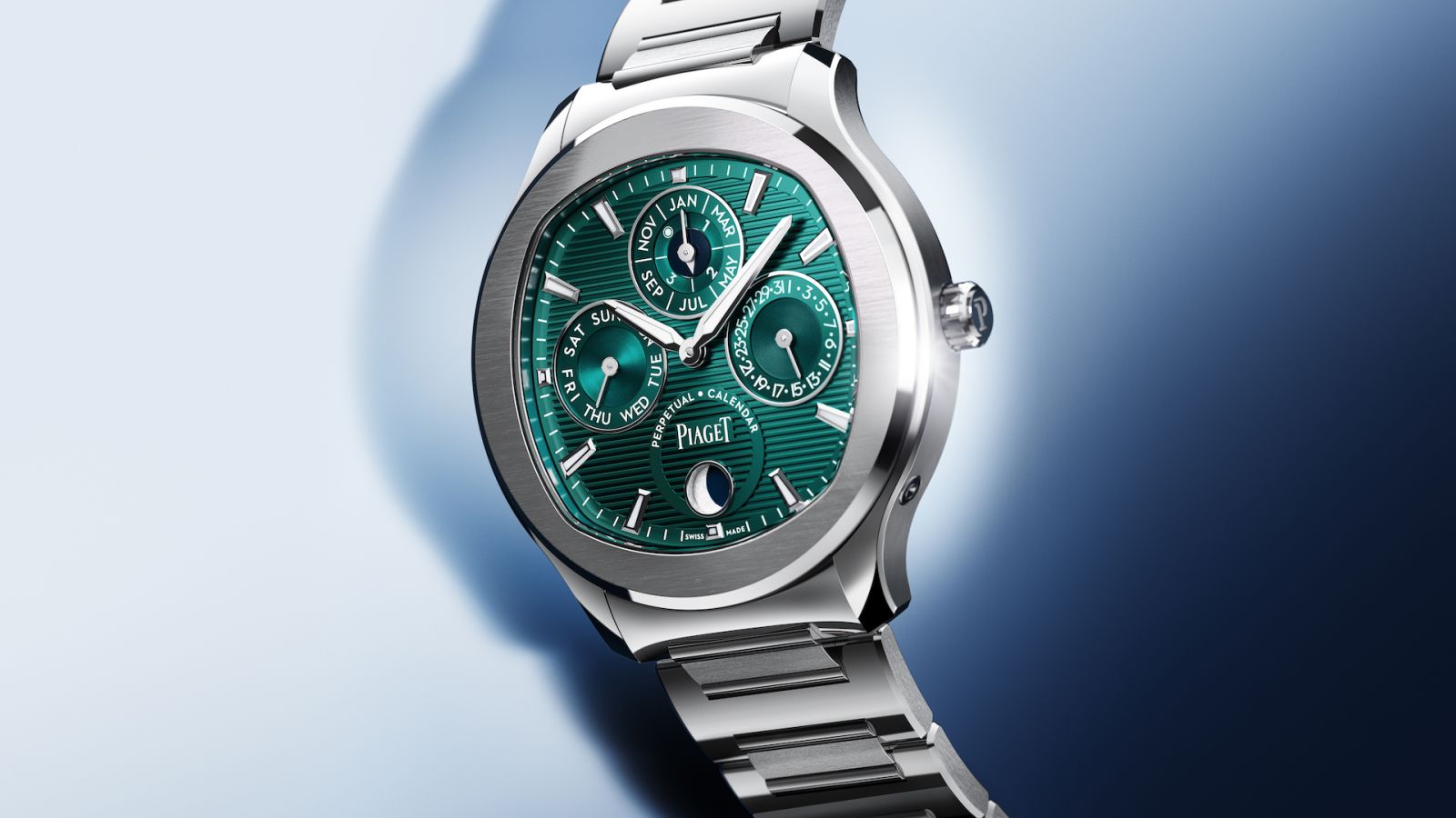 Piaget Polo Perpetual Calendar Ultra-Thin in steel with an emerald green dial