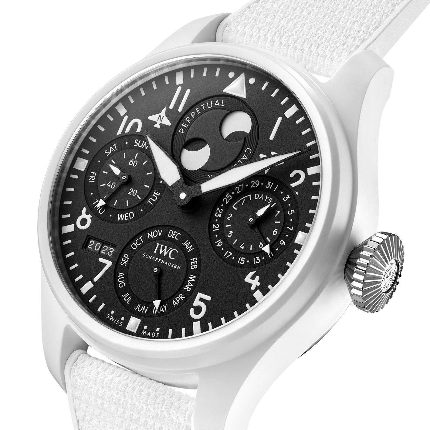 IWC Schaffhausen Big Pilot’s Watch Perpetual Calendar Top Gun Lake Tahoe in white ceramic