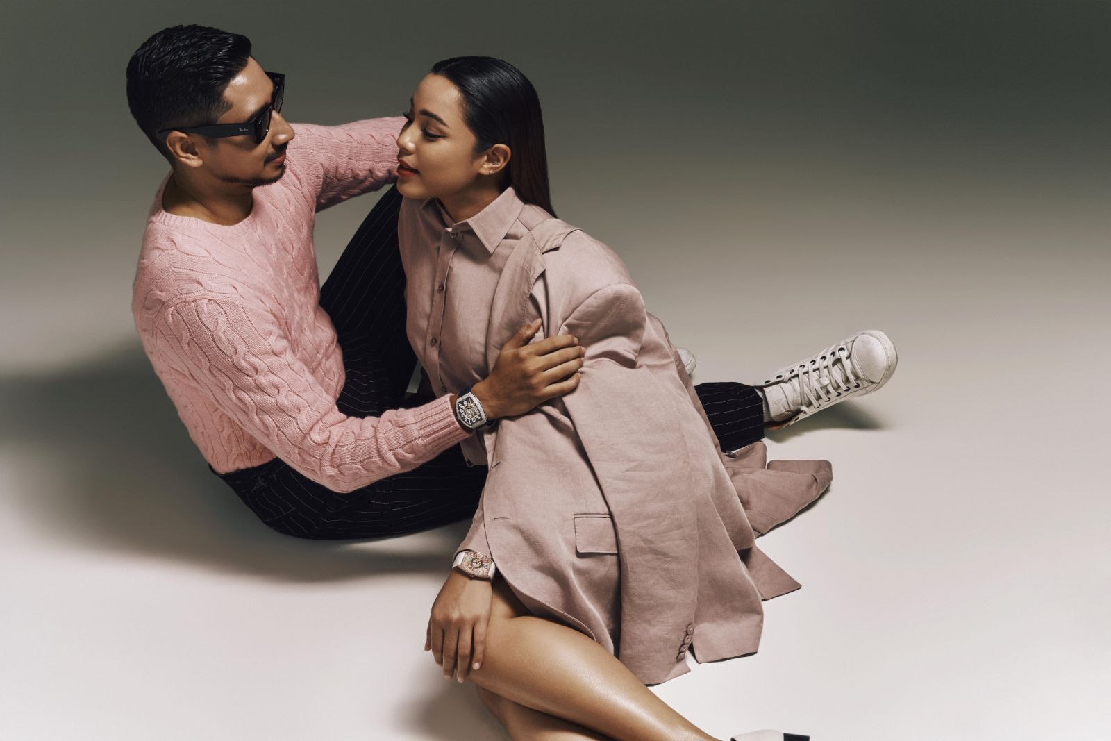 Wan Imar in Ralph Lauren Collection outfit and Franck Muller Vanguard Slim Skeleton; Shalma in Ralph Lauren Collection outfit and Franck Muller Curvex CX