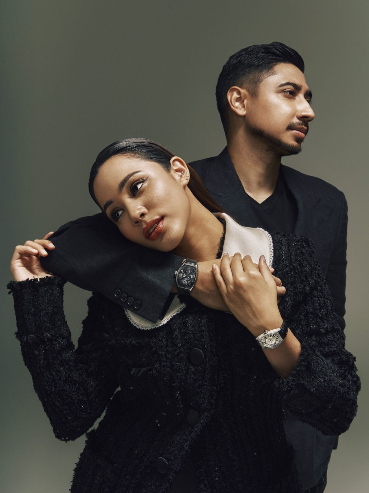 Shalma wearing Franck Muller Curvex CX and Dolce & Gabbana outfit; Imar wearing Franck Muller Curvex watch and Ralph Lauren Collection outfit