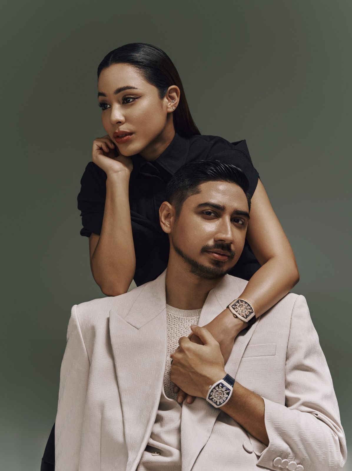 Shalma wearing Franck Muller Vanguard Lady Skeleton watch and Gucci dress; Imar wearing Franck Muller Vanguard Slim Skeleton watch and Gucci outfit