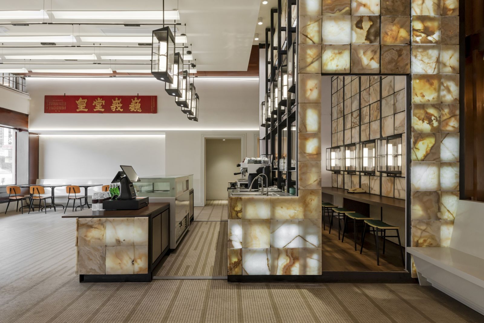 A multi-layered onyx installation using tiles found at a nearby stone yard.
