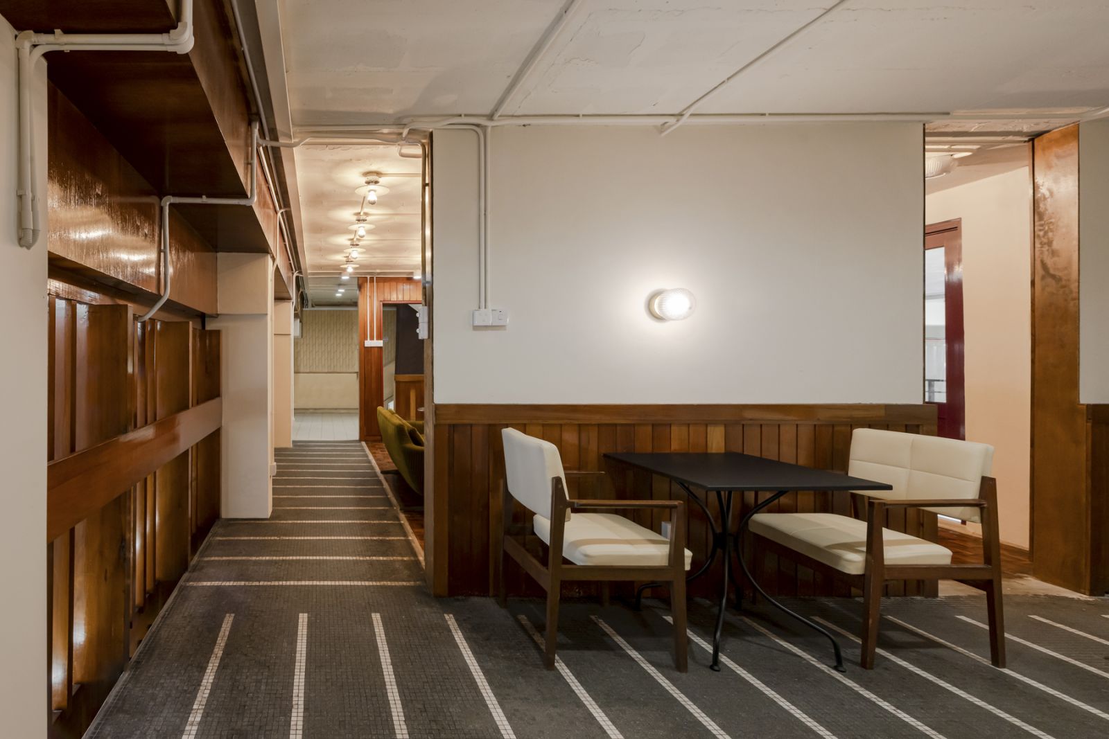 Restore wood panels divided the mezzanine space