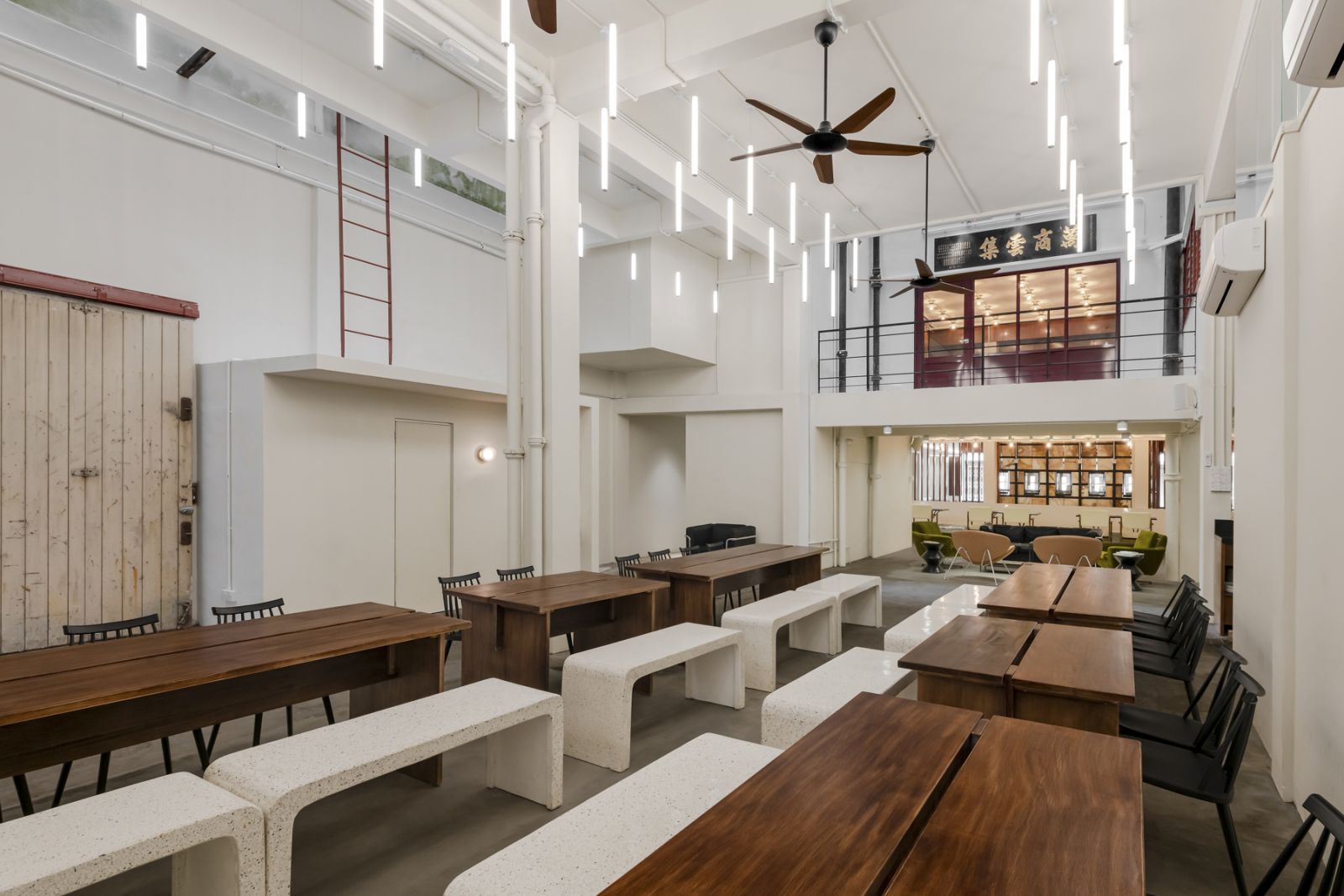 The double-height dining hall at the back of the cafe and restaurant