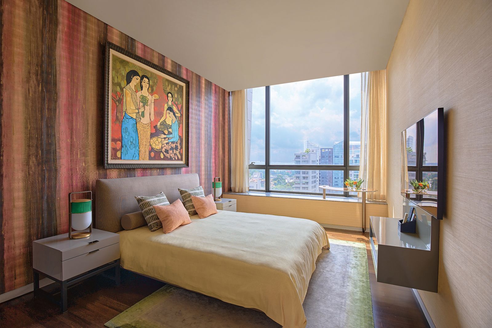 Another bedroom takes on a more rustic air with the use of earthy tones and Misia Paris’ Les Rues de Zanzibar wallpaper