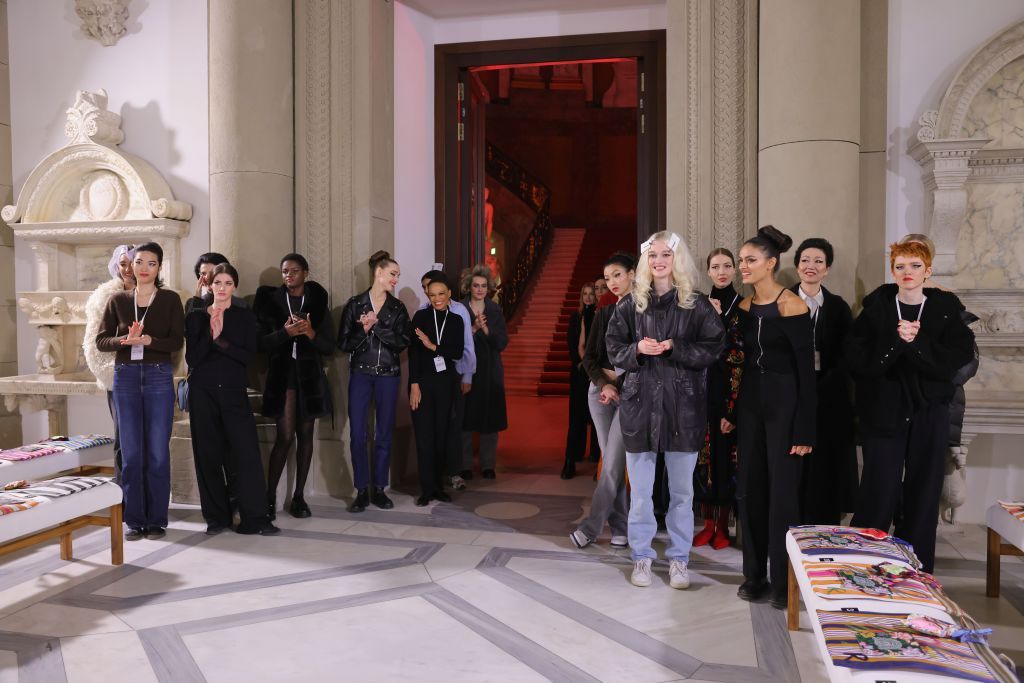 BERLIN, GERMANY - FEBRUARY 07: Models are seen backstage ahead of the Rianna + Nina X NEWEST Fashion Show at Bode Museum on February 07, 2024 in Berlin, Germany. (Photo by Joshua Sammer/Getty Images for  NEWEST Contemporay Fashion Hub)