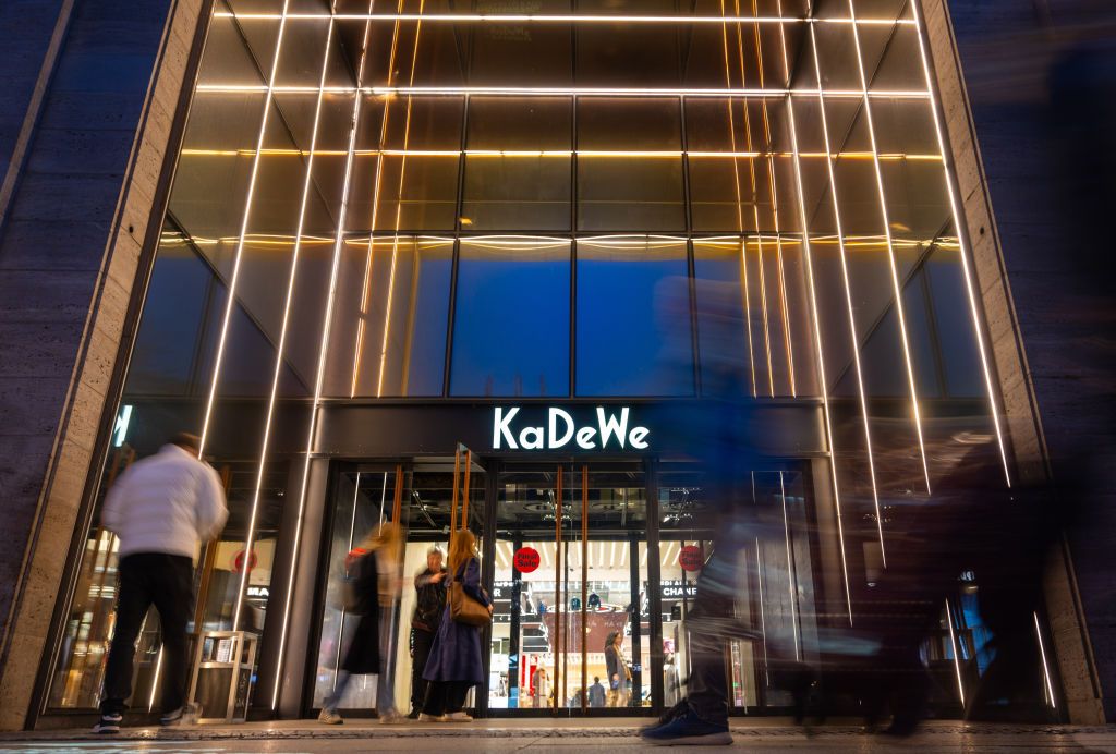 29 January 2024, Berlin: The illuminated logo of Kaufhaus des Westens (KaDeWe) is attached to the faÃ§ade. The KaDeWe Group has filed for insolvency. However, the stores will continue to operate, the company announced. Photo: Monika Skolimowska/dpa (Photo by Monika Skolimowska/picture alliance via Getty Images)