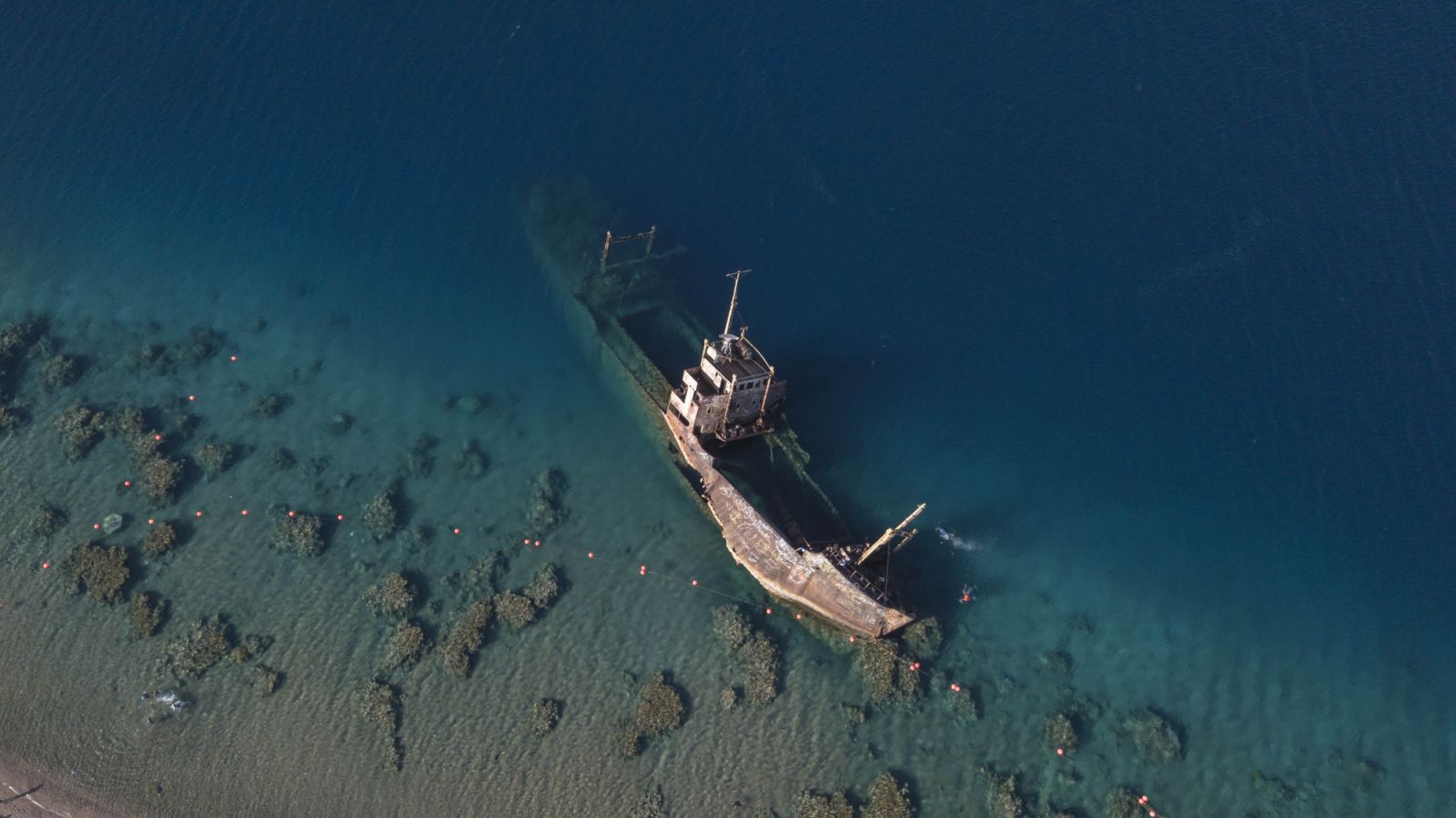 Aerial view of the shipwreck Georgios G Wreck is located just off the Haqil Beach in Tabuk
