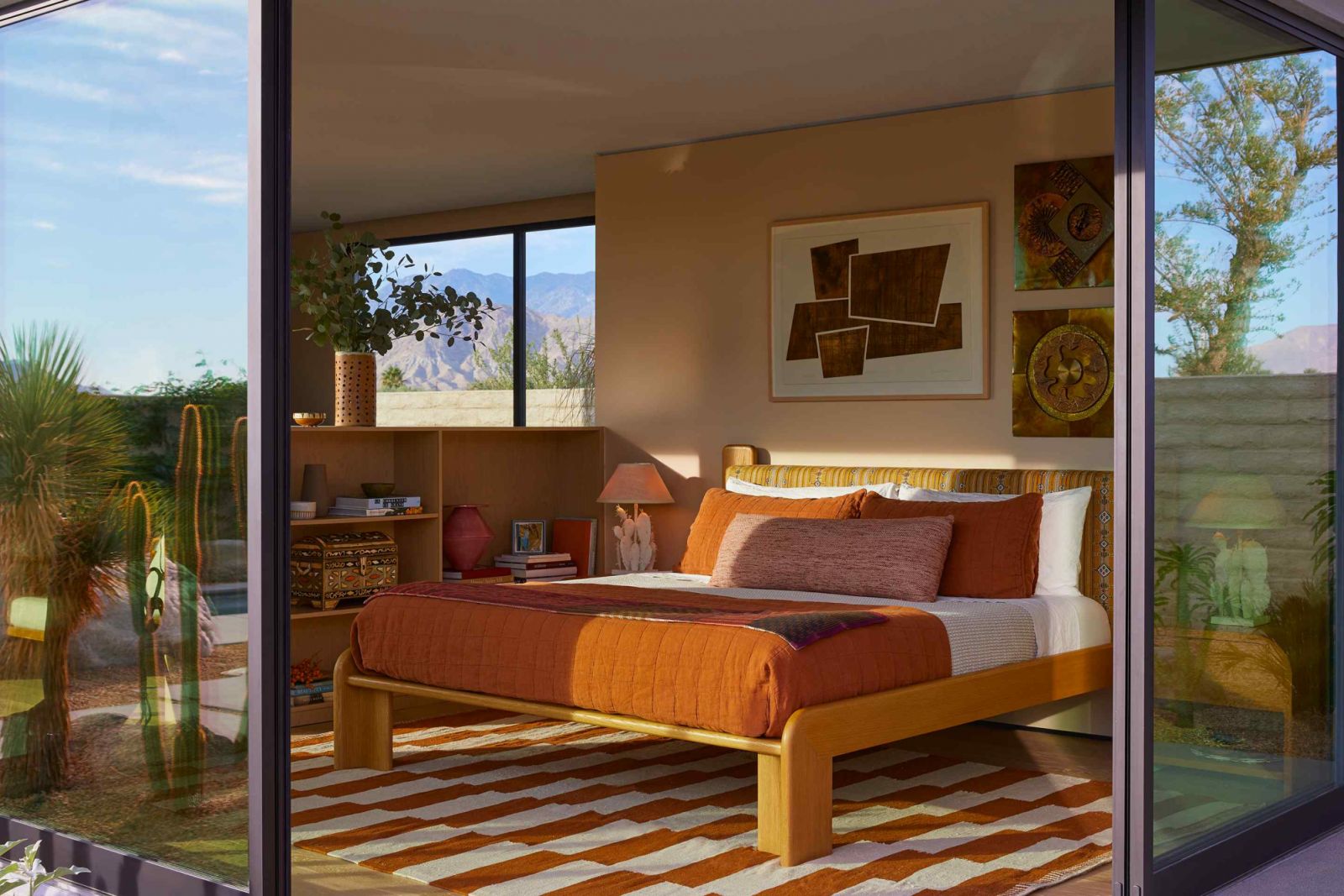 The warm primary bedroom