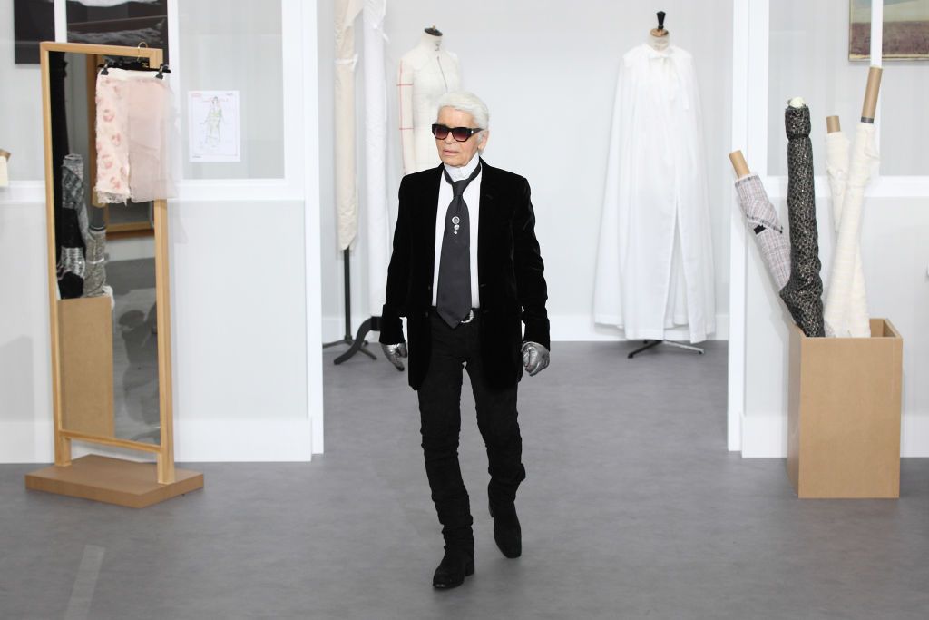 German designer Karl Lagerfeld presents CHANEL fall/winter 2016/2017 collection during the Paris Haute Couture fashion week, in Paris, France, 5 July 2016. Paris Haute Couture fashion shows run until July 06, 2016. Photo: Hendrik Ballhausen | usage worldwide (Photo by Hendrik Ballhausen/picture alliance via Getty Images)