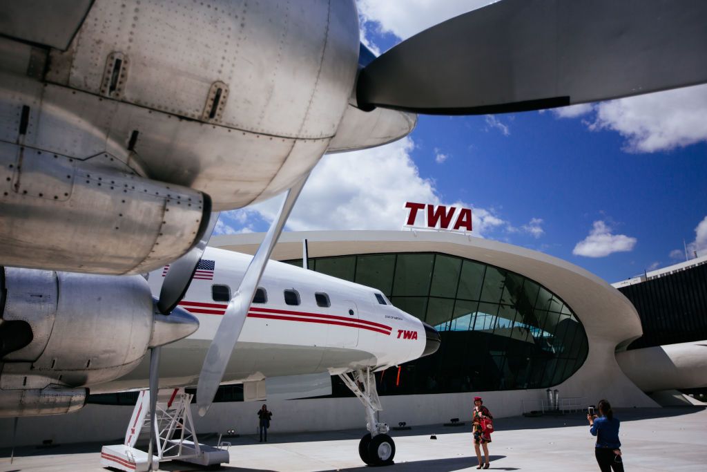 NEW YORK, NY - MAY 15: "Connie," the 1958 Lockheed Constellation airplane restored as a cocktail lounge is seen at the newly opened TWA Hotel at JFK Airport on May 15, 2019 in New York City. The new, 1960's themed hotel built inside the former Trans World Airlines terminal includes high end retail shops, restaurants, and a rooftop bar with runway views. (Photo by Kevin Hagen/Getty Images)