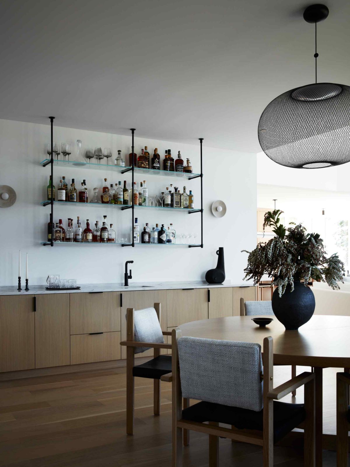 The dining area with matte black accents