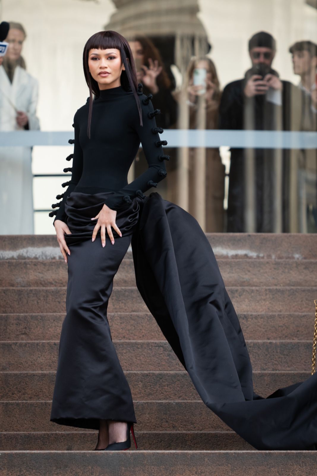 PARIS, FRANCE - JANUARY 22: Zendaya is seen during the Schiaparelli Haute Couture Spring/ Summer 2024 as part of Paris Fashion Week on January 22, 2024 in Paris, France. (Photo by Claudio Lavenia/Getty Images)