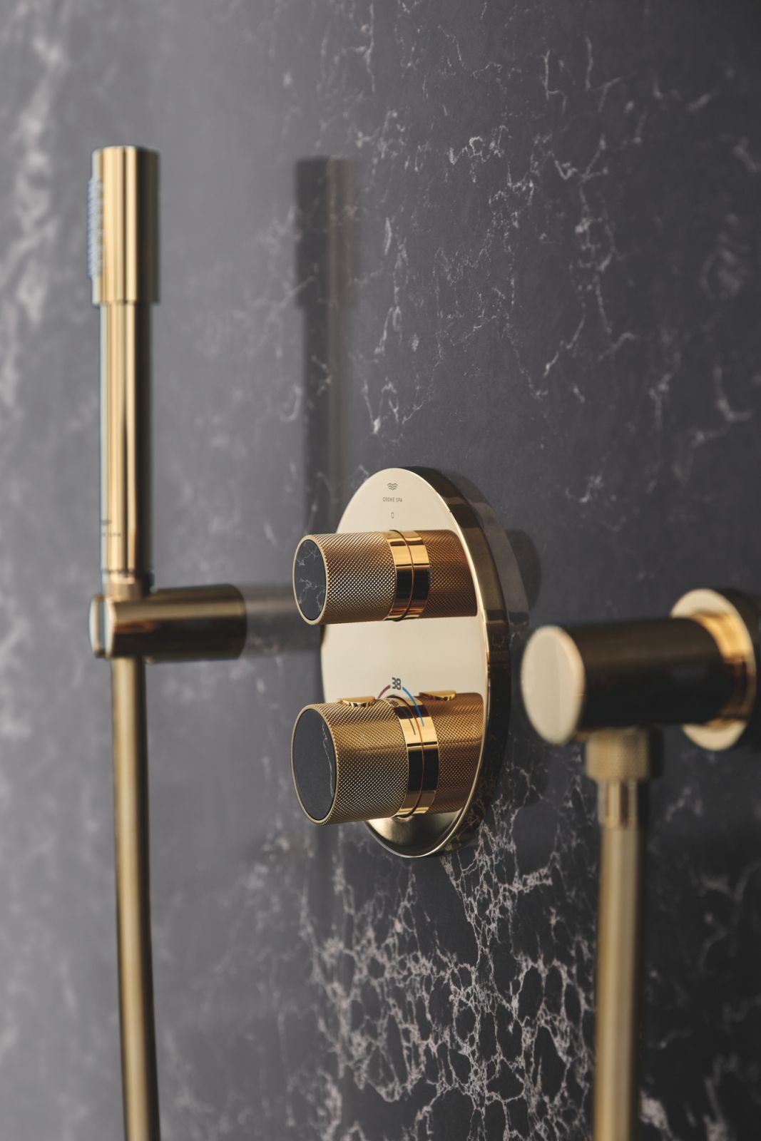 An Atrio Private Collection thermostatic shower mixer with Caesarstone details