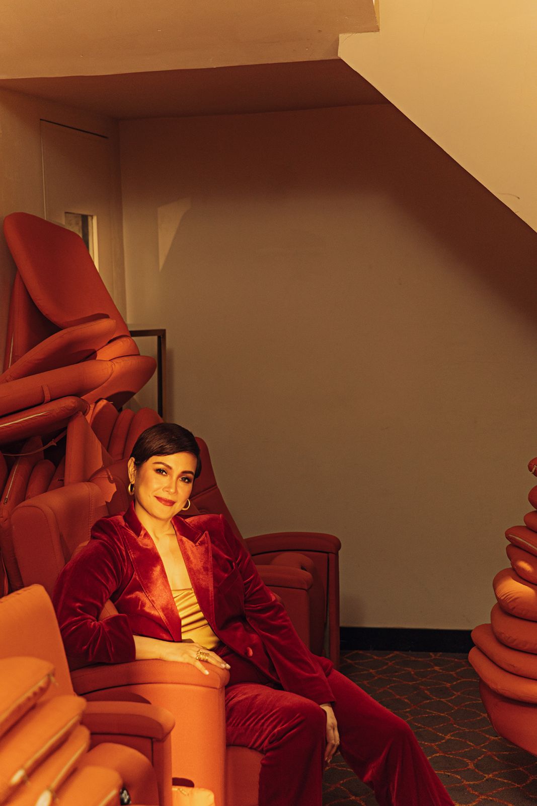Lea Salonga on a downtime at the backstage as Mrs Lovett from ‘Sweeney Todd: The Demon Barber of Fleet Street’, wearing a velvet suit and camisole from Dona Li