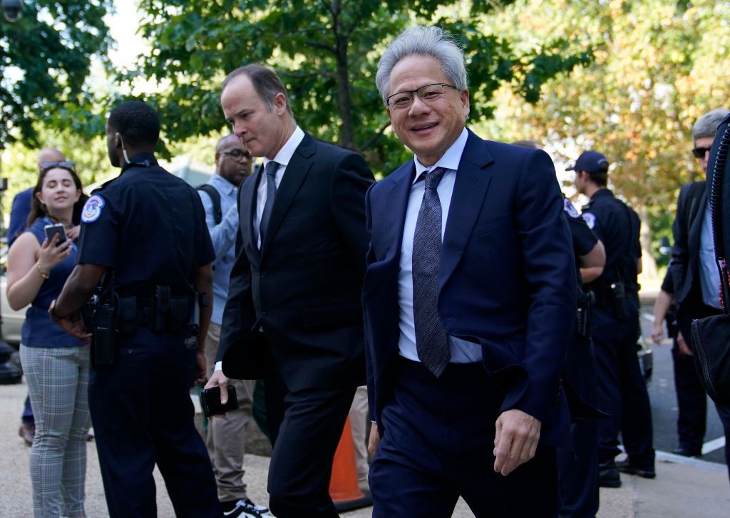 WASHINGTON, DC - SEPTEMBER 13: Jensen Huang, President and CEO of Nvidia Corporation, arrives for the âAI Insight Forumâ at the Russell Senate Office Building on Capitol Hill on September 13, 2023 in Washington, DC. Lawmakers are seeking input from business leaders in the artificial intelligence sector, and some of their most ardent opponents, for writing legislation governing the rapidly evolving technology. (Photo by Nathan Howard/Getty Images)