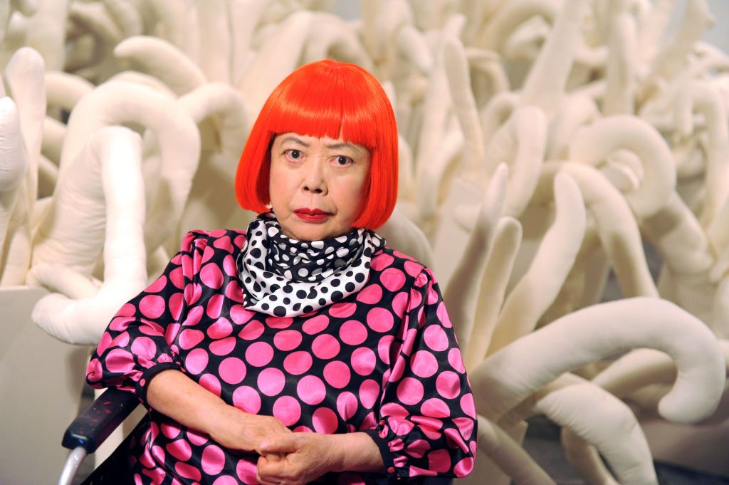 Japanese artist Yayoi Kusama at her âªWhitney Museum of American Artâ¬ restrospective exhibit. Kusama wears Louis Vuitton. (Photo by Steve Eichner/WWD/Penske Media via Getty Images)