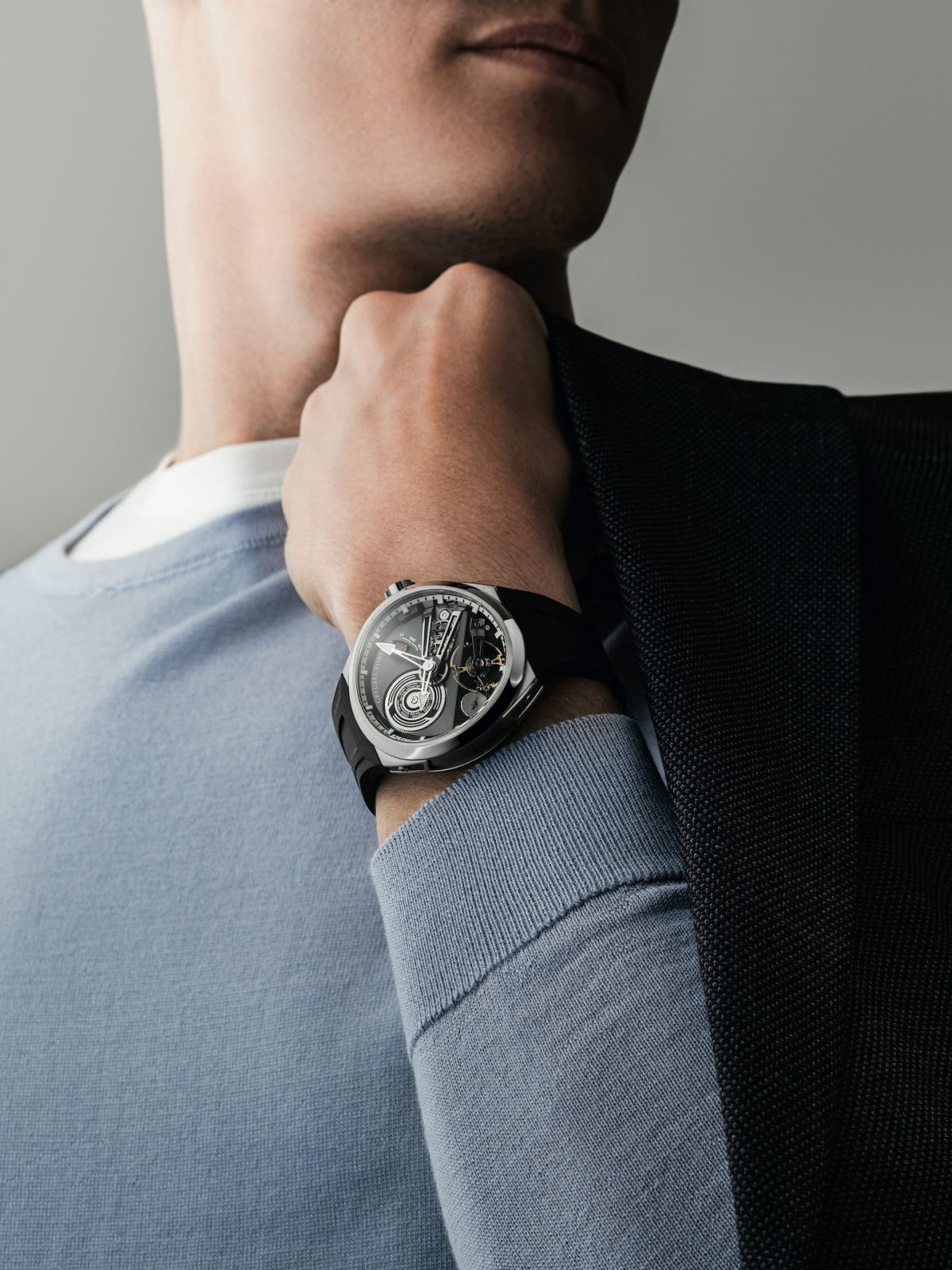 Model wearing Greubel Forsey Balancier Convexe S2 41.5mm (Photo: Alex Teusche)