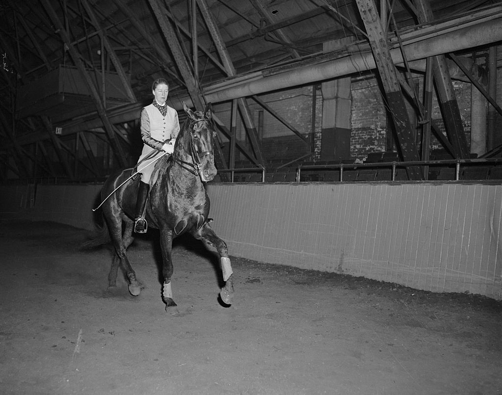 (Original Caption) Mrs. Lis Hartel, Danish horsewoman who is the 1954 world's champion dressage champion in both the men's and women's classes, is shown her during a practice session at Squadron Armory in New York for her appearance in the 66th National Horse Show at Madison Square Garden, November 2-9. Mrs. Hartel, who was stricken with polio in 1944 must still be helped into and out of the saddle.