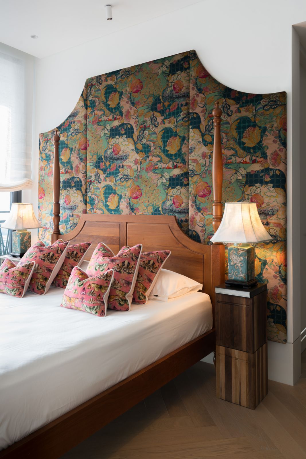 The bedhead in the guest bedroom which doubles as the elder daughter’s room who loves pink was upholstered in Peonies.