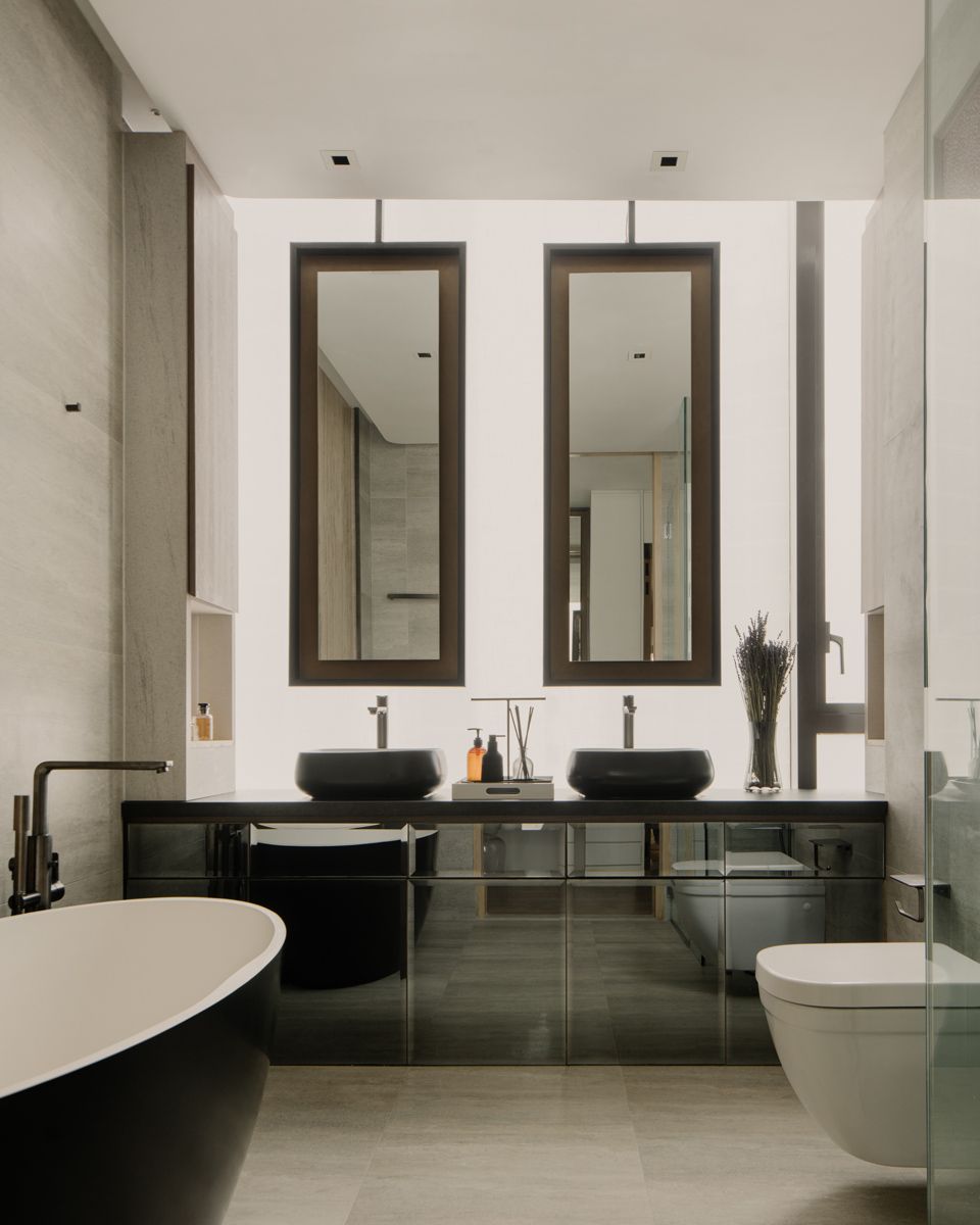 The bathroom features double sinks