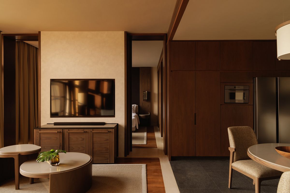 The spacious living space atthe newly refurbished one-bedroom residence
