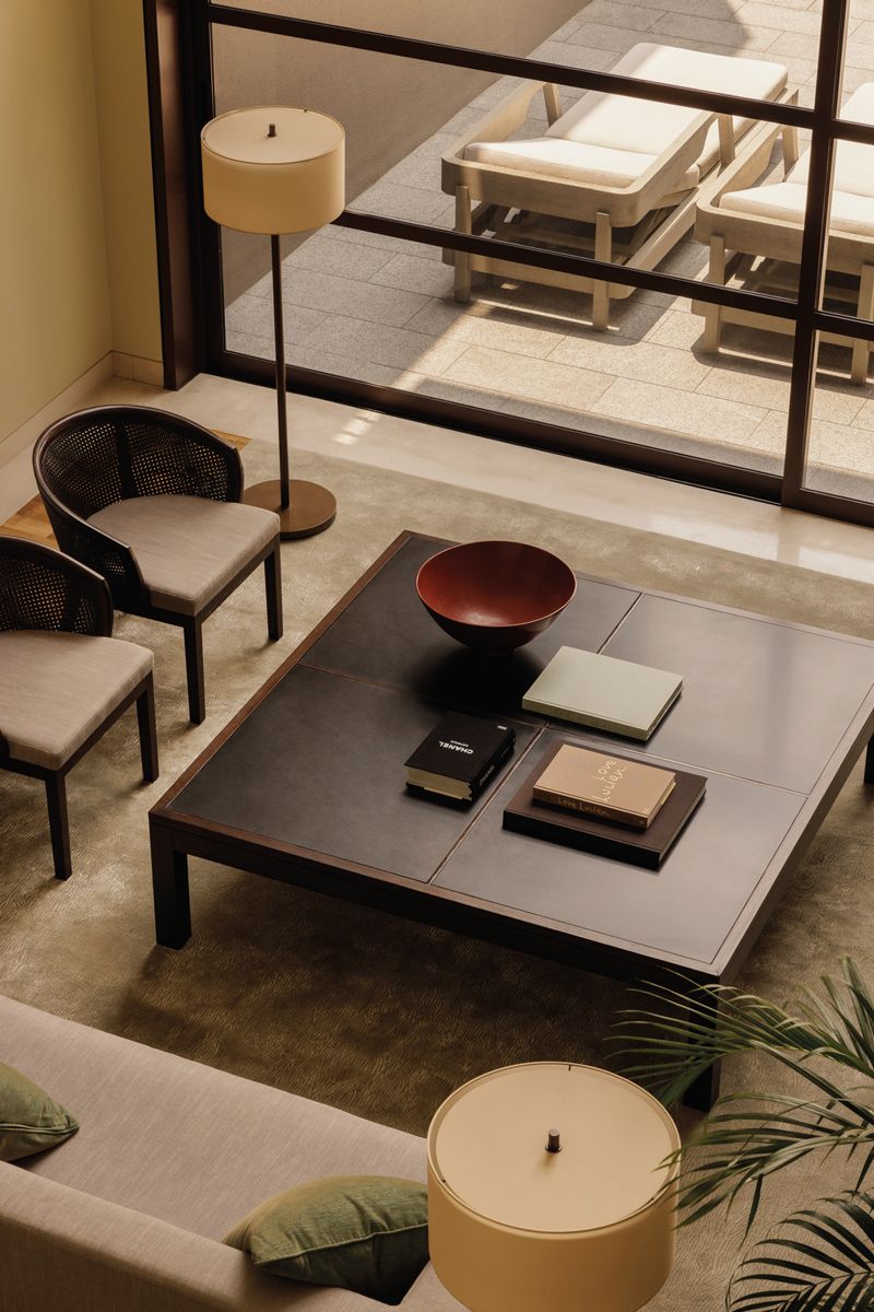 An overhead view of the duplex’s fully furnished living area