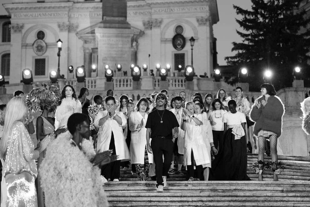 ROME, ITALY - JULY 08: (EDITORS NOTE: This image has been converted to black and white.) Designer Pierpaolo Piccioli walks on the runway at the Valentino Haute Couture Fall/Winter 22/23 fashion show on July 08, 2022 in Rome, Italy. (Photo by Vittorio Zunino Celotto/Getty Images)