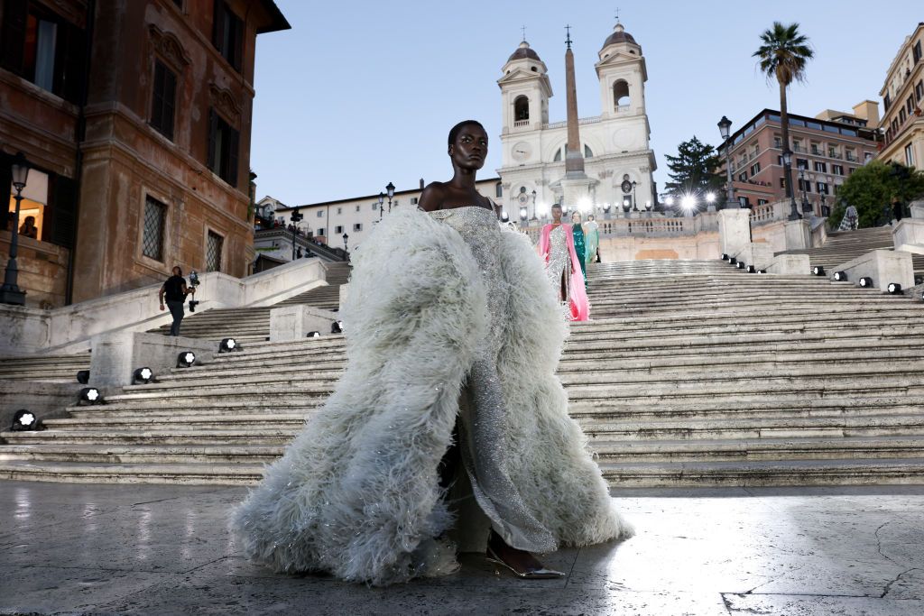 ROME, ITALY - JULY 08: A model walks on the runway at the Valentino haute couture fall/winter 22/23 fashion show on July 08, 2022 in Rome, Italy. (Photo by Jacopo Raule/Getty Images)