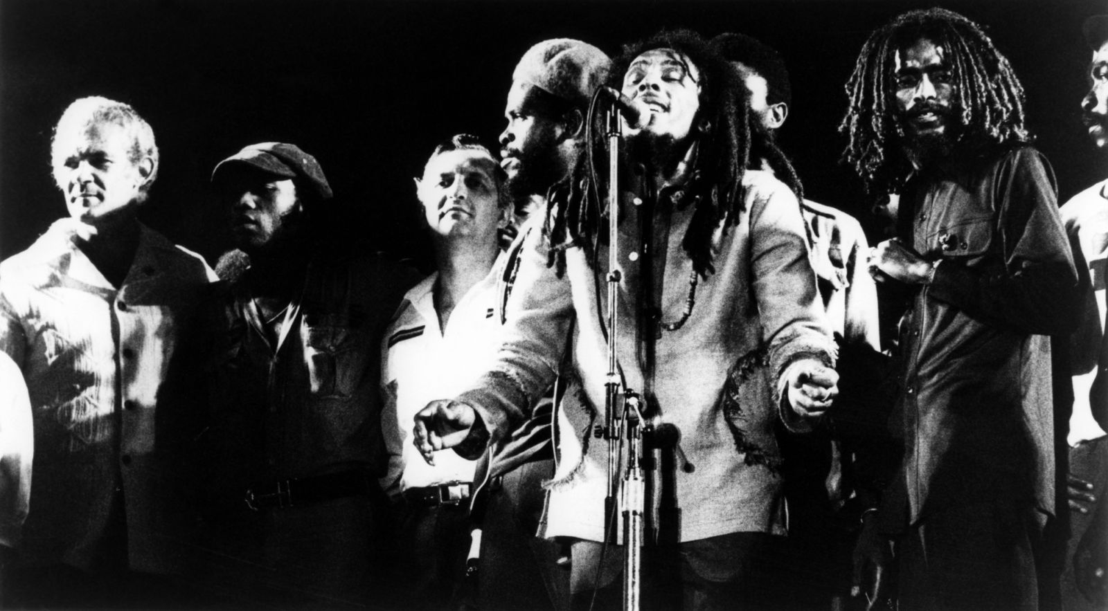 JAMAICA - APRIL 22: Photo of WAILERS and Bob MARLEY; Picture taken during the One Love Peace Concert in Kingston, Jamaica. Picture also shows Jamaican Prime Minister Michael Manley (Far Left) and his political oponent Edward Seaga (3rd from left) ! (Photo by Echoes/Redferns)