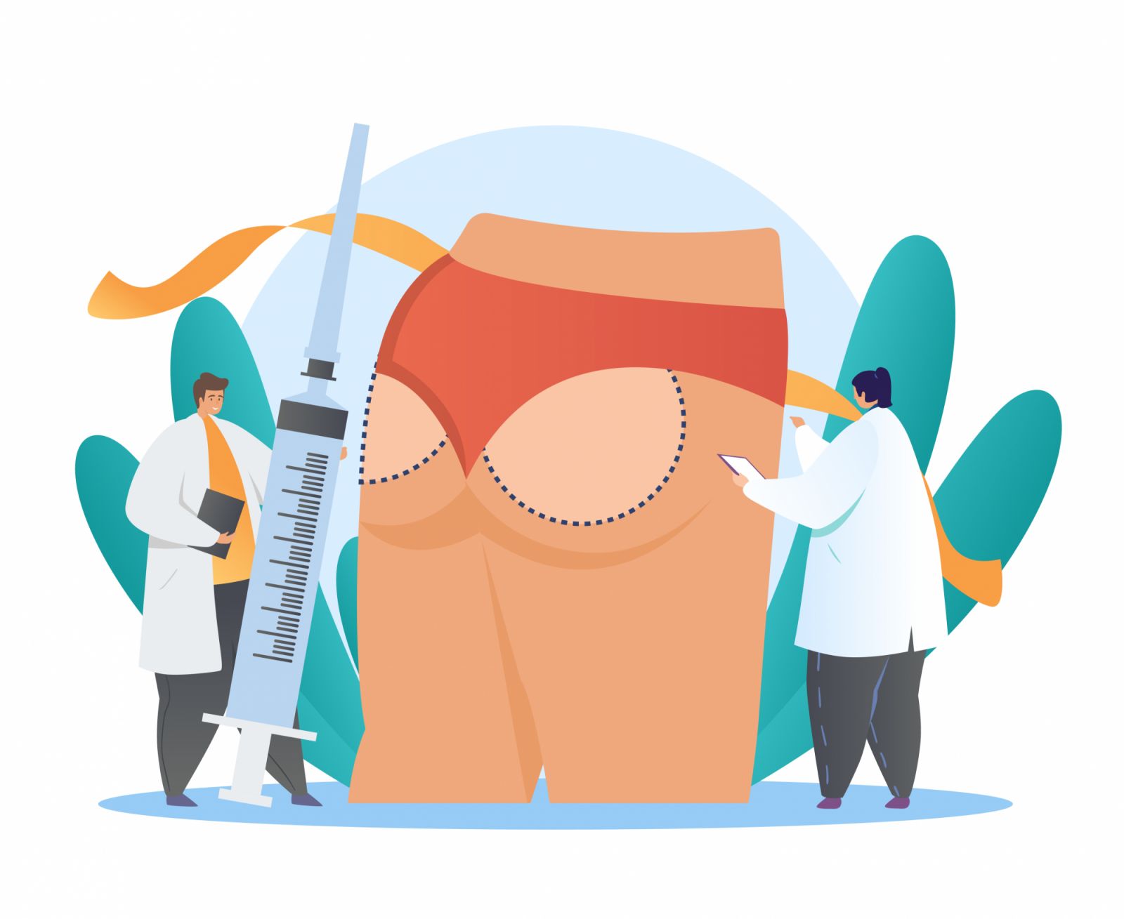 Buttock plastic surgery concept. Two surgeons prepare the patient for the procedure of buttock augmentation. The contours of the manipulation. Cartoon flat vector illustration on a white background