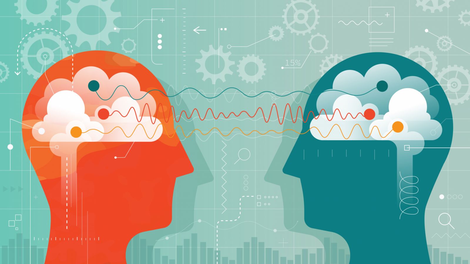 Vector illustration showing two heads with brain and connected with brain waves surrounded with gears and lot of different measuring elements .