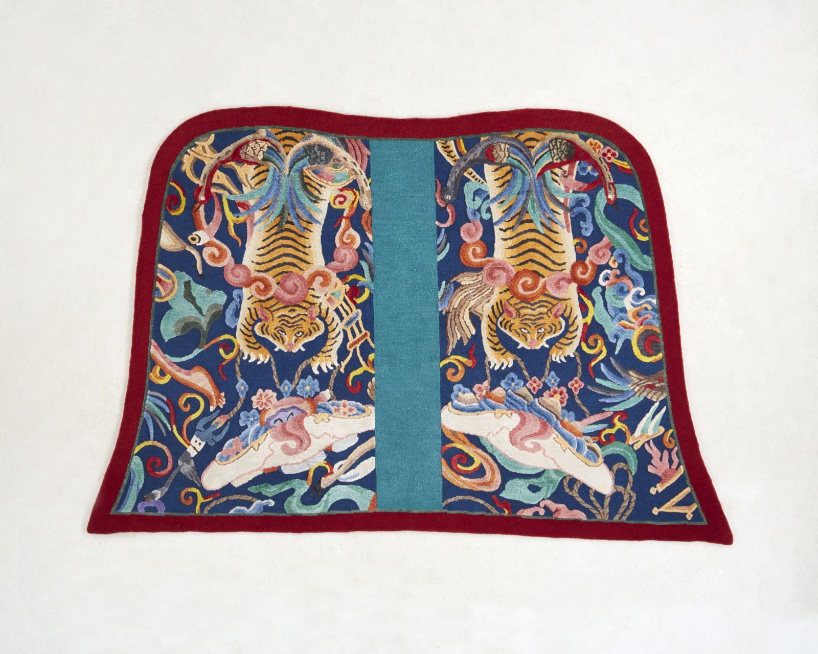 Tsherin Sherpa's "Tiger Saddle" (2024), Highland Tibetan Wool, Chinese Silk, warp, cotton (Photo: courtesy the artist and Rossi Rossi)