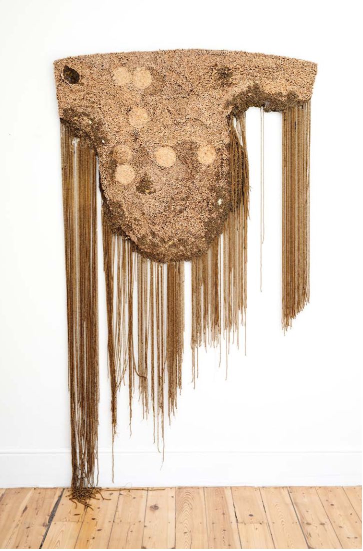 Simphiwe Buthelezi Inguquko's "Transformation" (2024), Treated Reed Mats, Glass Beads, Mirror and Resin on Canvas (Photo: courtesy SMAC gallery and the artist)