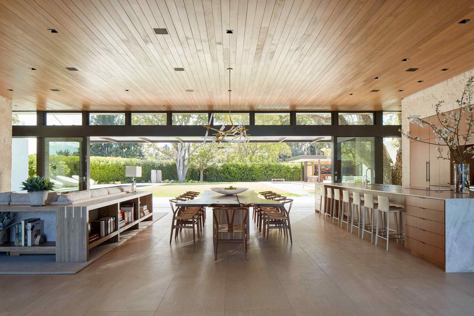 An all-in-one great room that consists of the family area, a dining area and an open kitchen