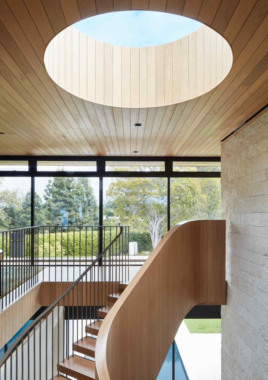 A circular skylight lets in natural light