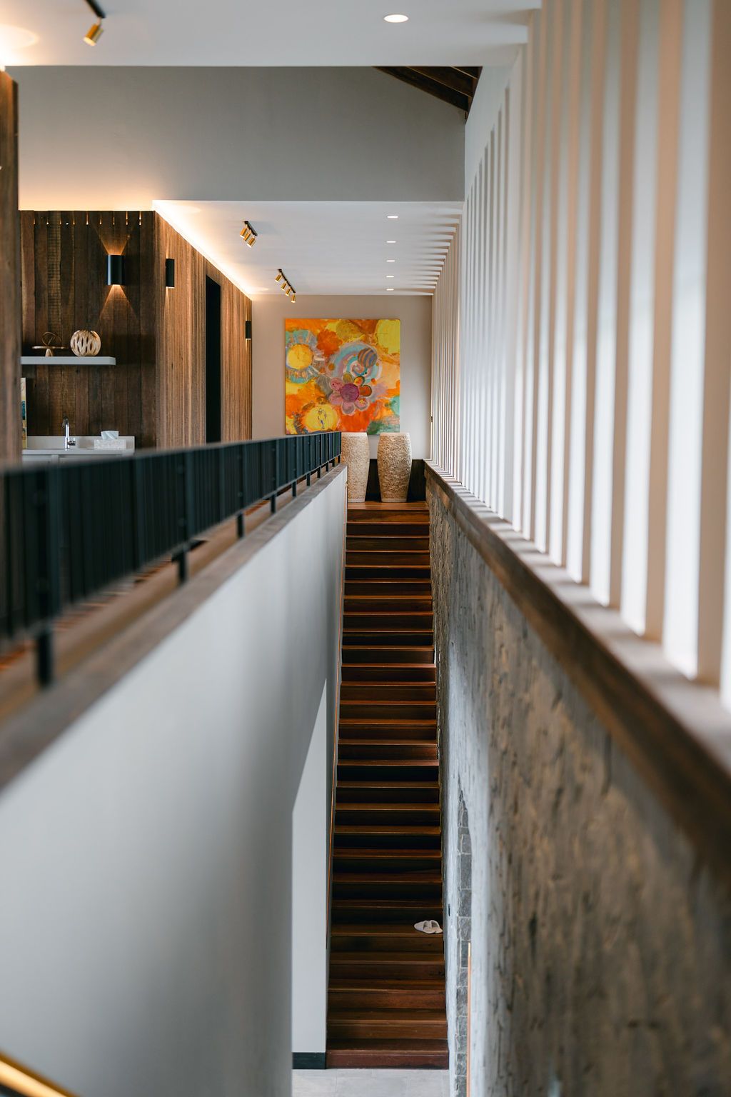 The wooden clad staircase