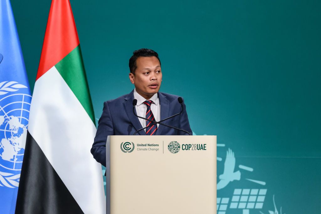Nik Nazmi bin Nik Ahmad, Minister of Natural Resources, Environment andClimate Change of Malaysia, delivers the national statement during the Resumed High-Level Segment during the COP28, UN Climate Change Conference, held by UNFCCC in Dubai Exhibition Center, United Arab Emirates on December 9, 2023. COP28, running from November 30 to December 12 focuses on national climate goals. The Conference in Dubai focuses also on the most vulnerable communities and Loss and Damage Fund. (Photo by Dominika Zarzycka/N