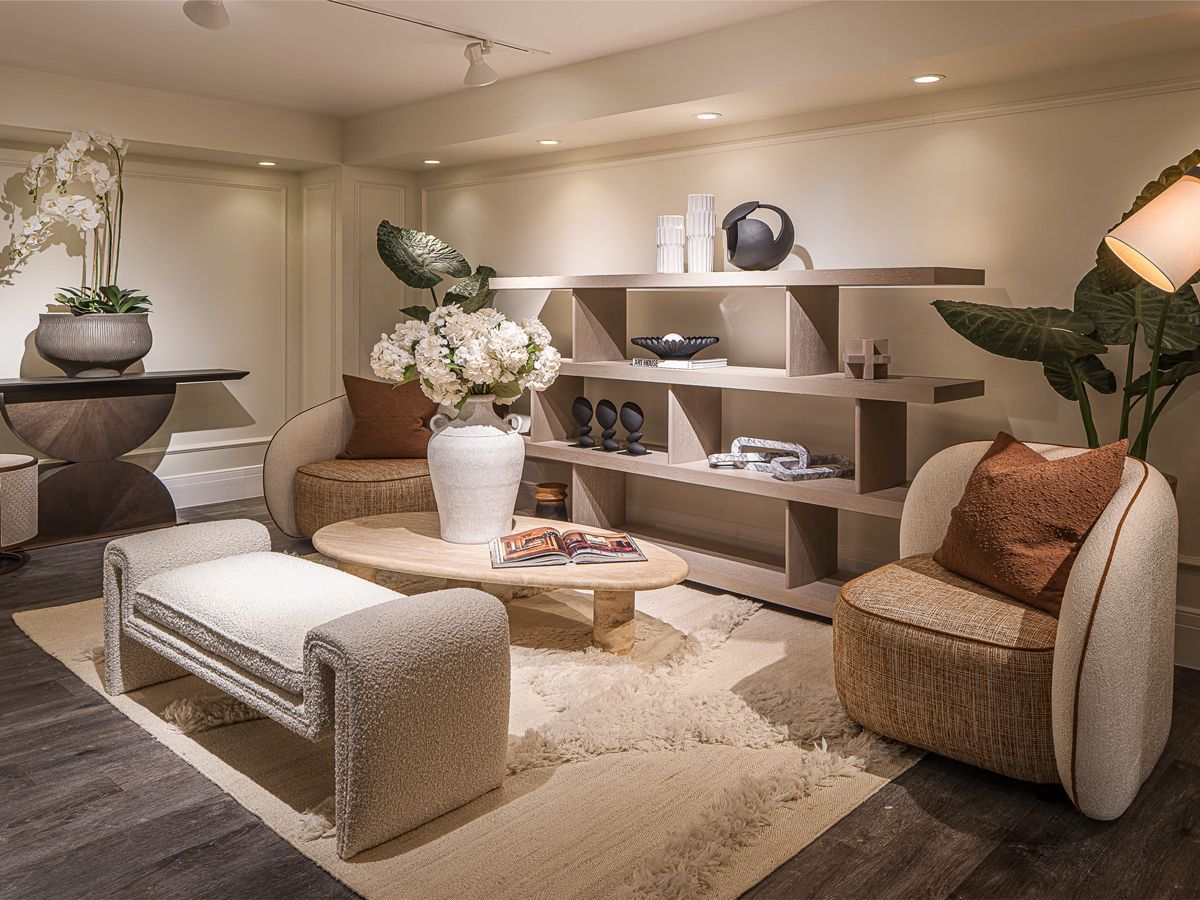 A sitting area with rich textures and neutral colour palette
