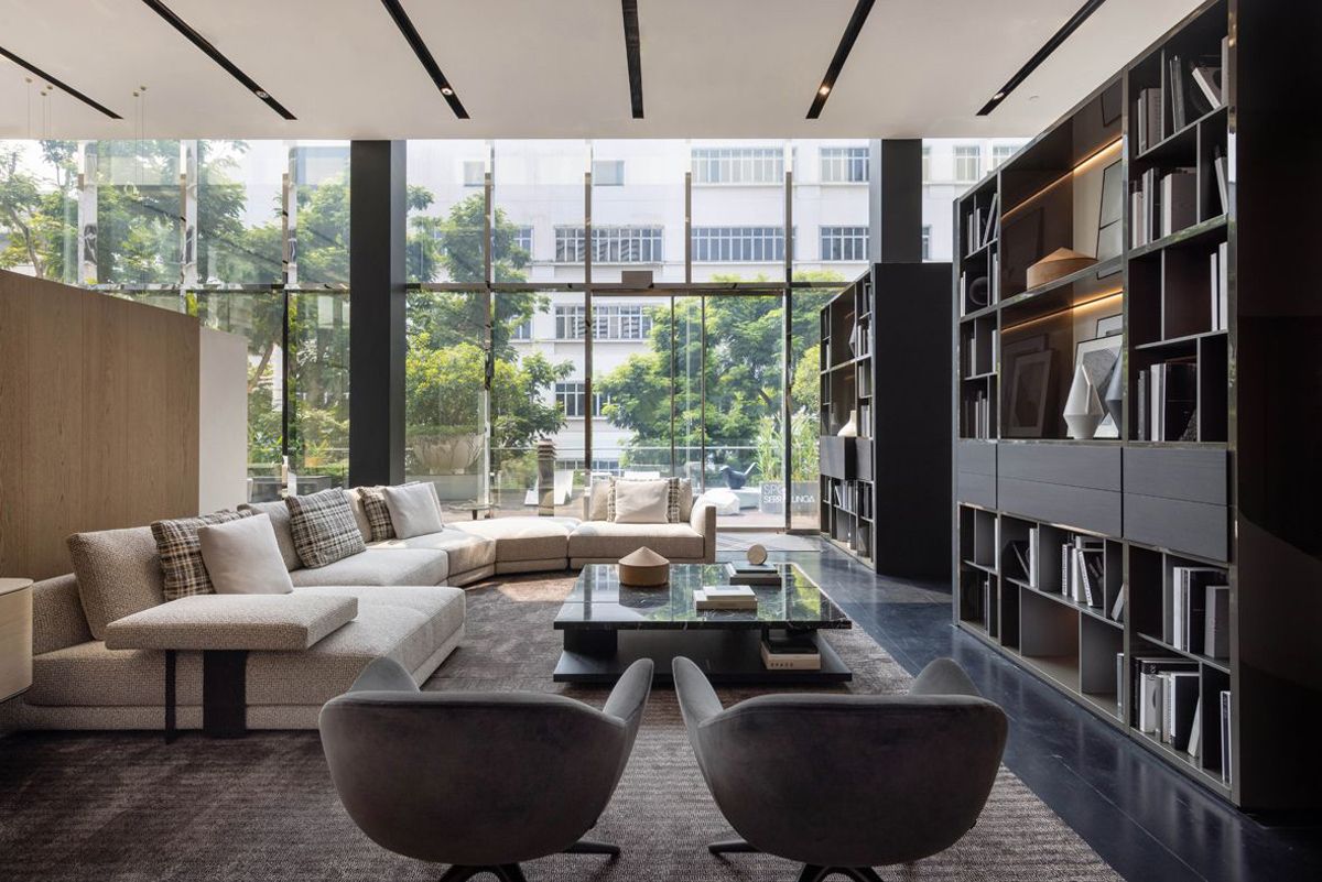 A seating area with a view at Space Furniture's refurbished showroom