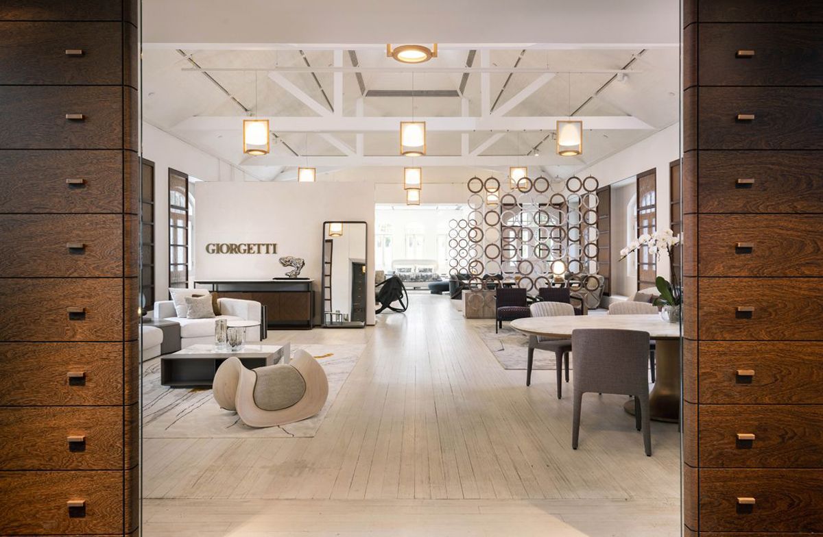 The bright, airy room at Space Furniture that showcases Giorgetti furniture