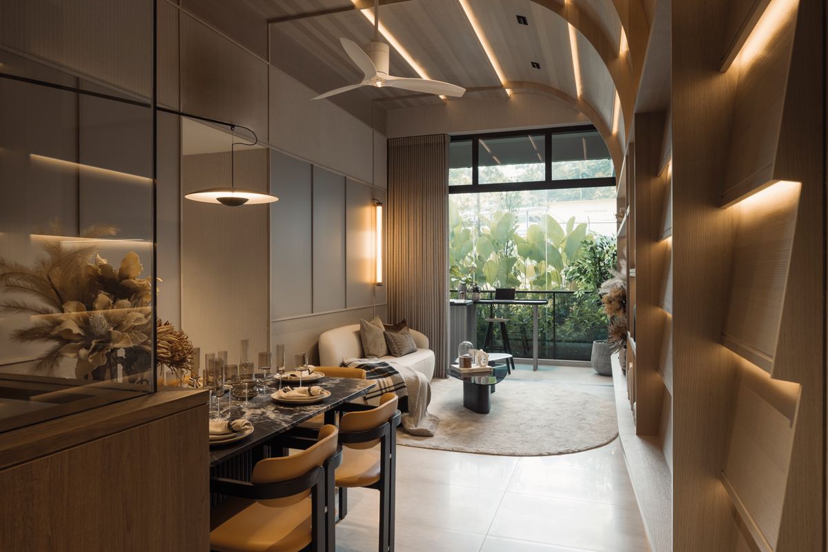 The tiered and curved feature wall that hovers over the living room draws loose inspiration from the dramatic cliffs and geology of the Grand Canyon