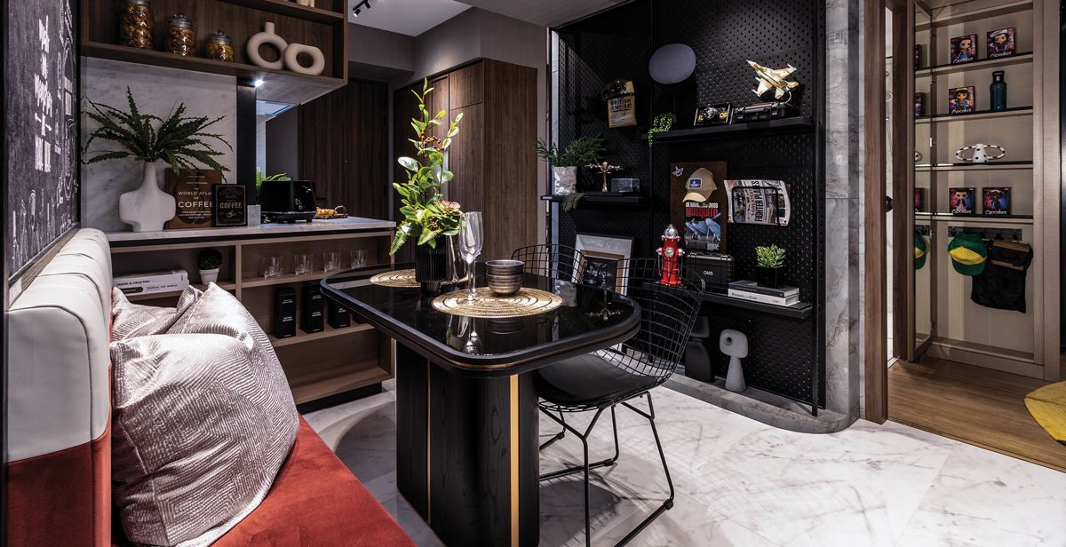 The one-bedroom show flat features various open shelves that offer ample room for storage and a means of displaying aircraft models and collectibles