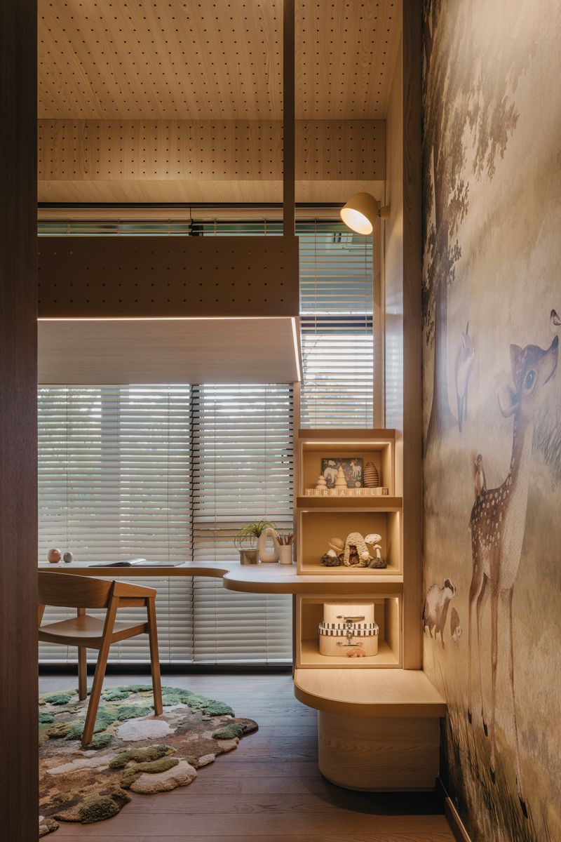 This study nook is enlivened by a playful feature wall and a rug inspired by the textures of a moss garden