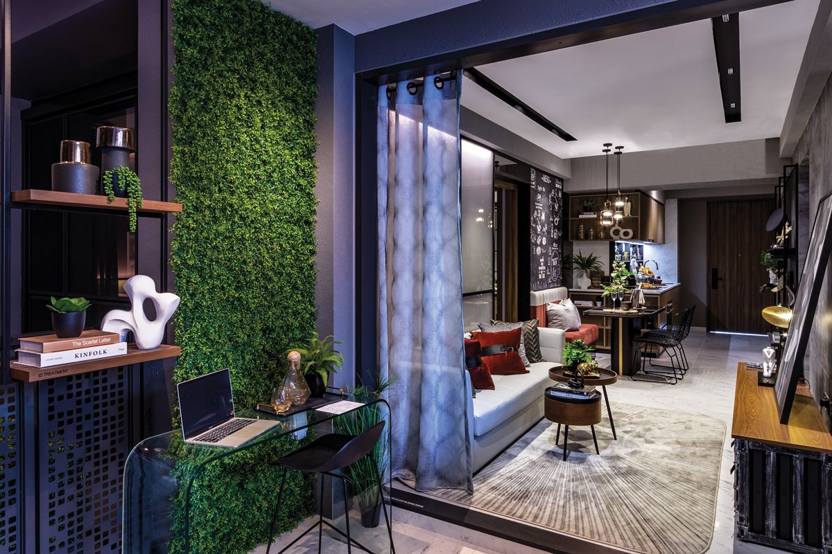 The design team carved out a work zone on the balcony to expand the use of this indoor-outdoor space