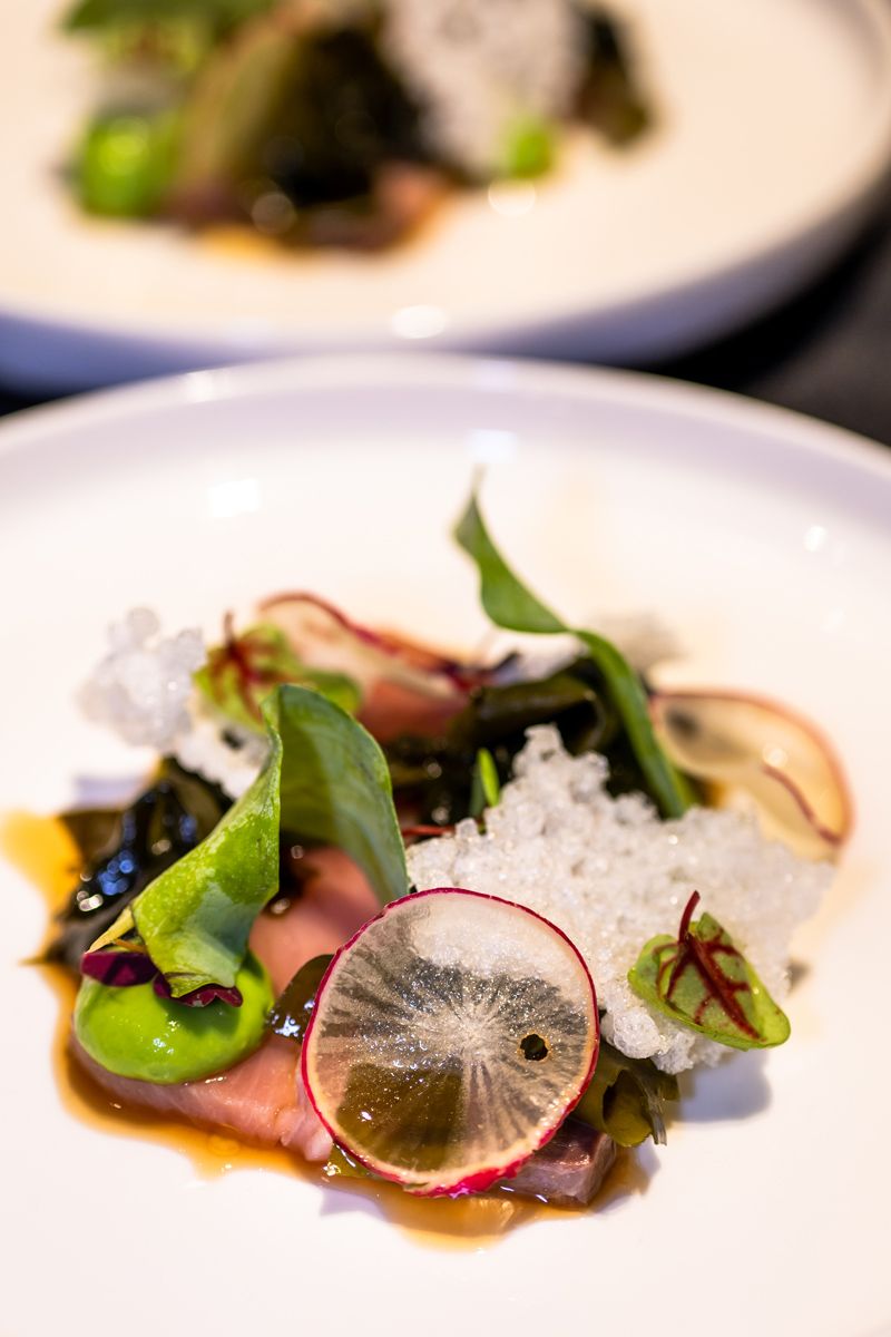 the Hamachi appetiser, comprising Japanese hamachi brushed with tare sauce, avocado, marinated seaweed, puffed tapioca, red veined sorrel and oxalis
