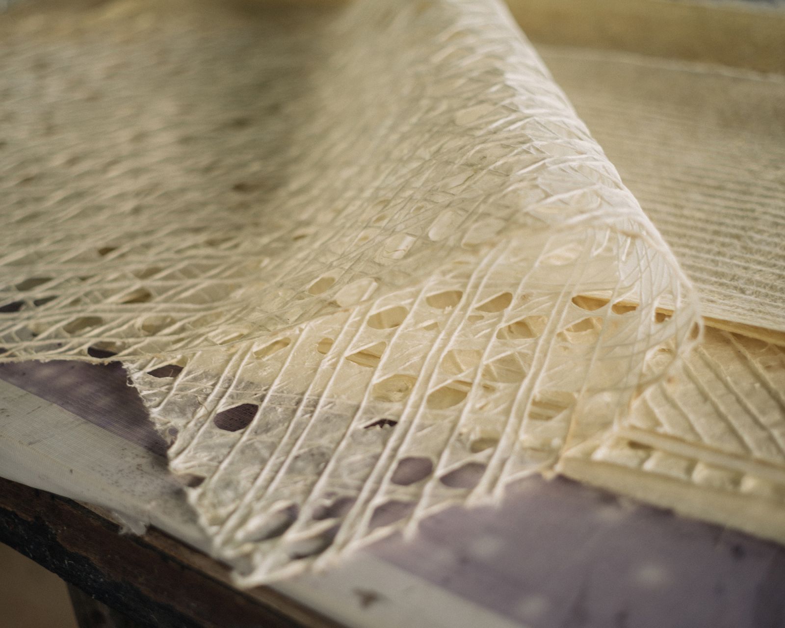 This banana-fibre pattern depicts falling cherry blossom petals and was inspired by delicate Japanese kumiko woodworks