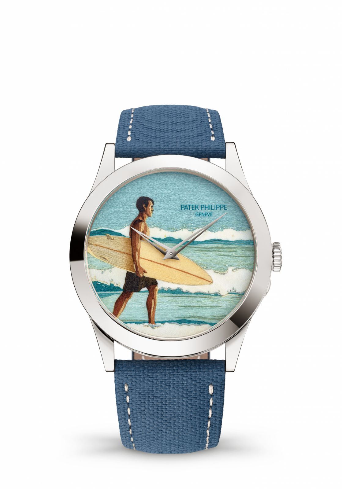 Patek Philippe Calatrava wristwatch Reference 5089G-129 “Morning on the Beach” showcases a portrait of a surfer in wood marquetry