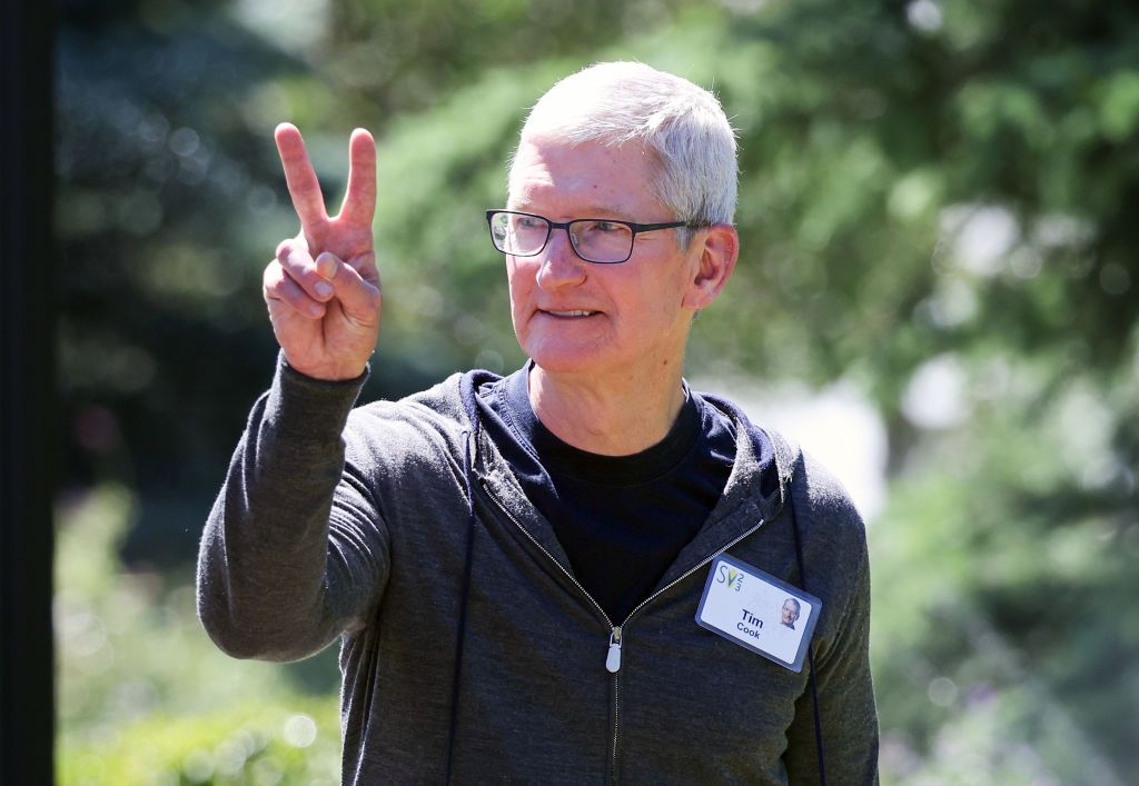SUN VALLEY, IDAHO - JULY 14: Tim Cook, Apple CEO, walks from a morning session during the Allen & Company Sun Valley Conference on July 14, 2023 in Sun Valley, Idaho. Every July, some of the world's most wealthy and powerful figures from the media, finance, technology and political spheres converge at the Sun Valley Resort for the exclusive weeklong conference. (Photo by Kevin Dietsch/Getty Images)